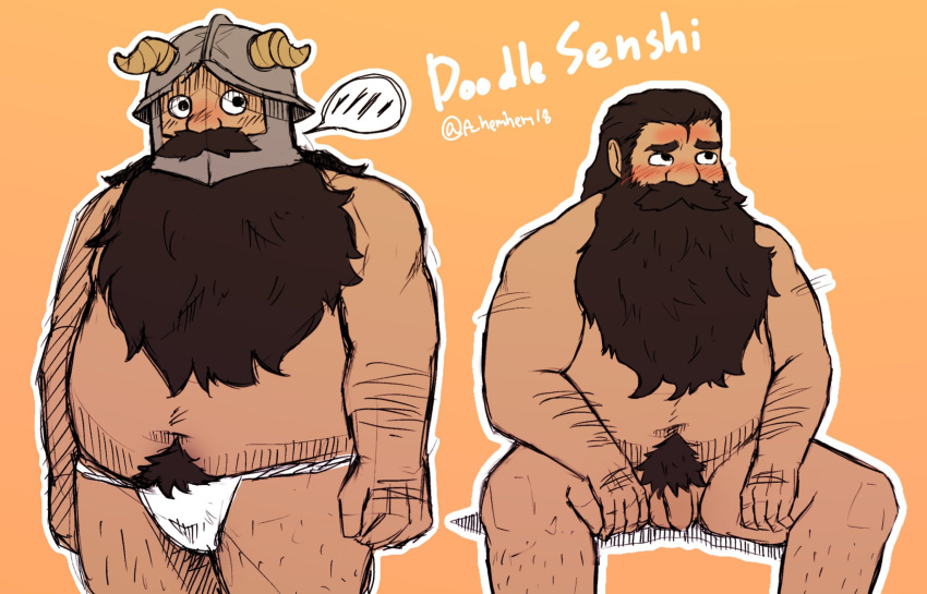 1boy a-hem_(a_hemhem18) bara beard beard_over_mouth belly blush brown_hair collage completely_nude dungeon_meshi dwarf facial_hair fake_horns fat fat_man feet_out_of_frame fundoshi hairy helmet highres horned_helmet horns japanese_clothes long_beard male_focus nude penis senshi_(dungeon_meshi) sparse_arm_hair sparse_leg_hair spoken_blush thick_mustache thick_navel_hair very_long_beard