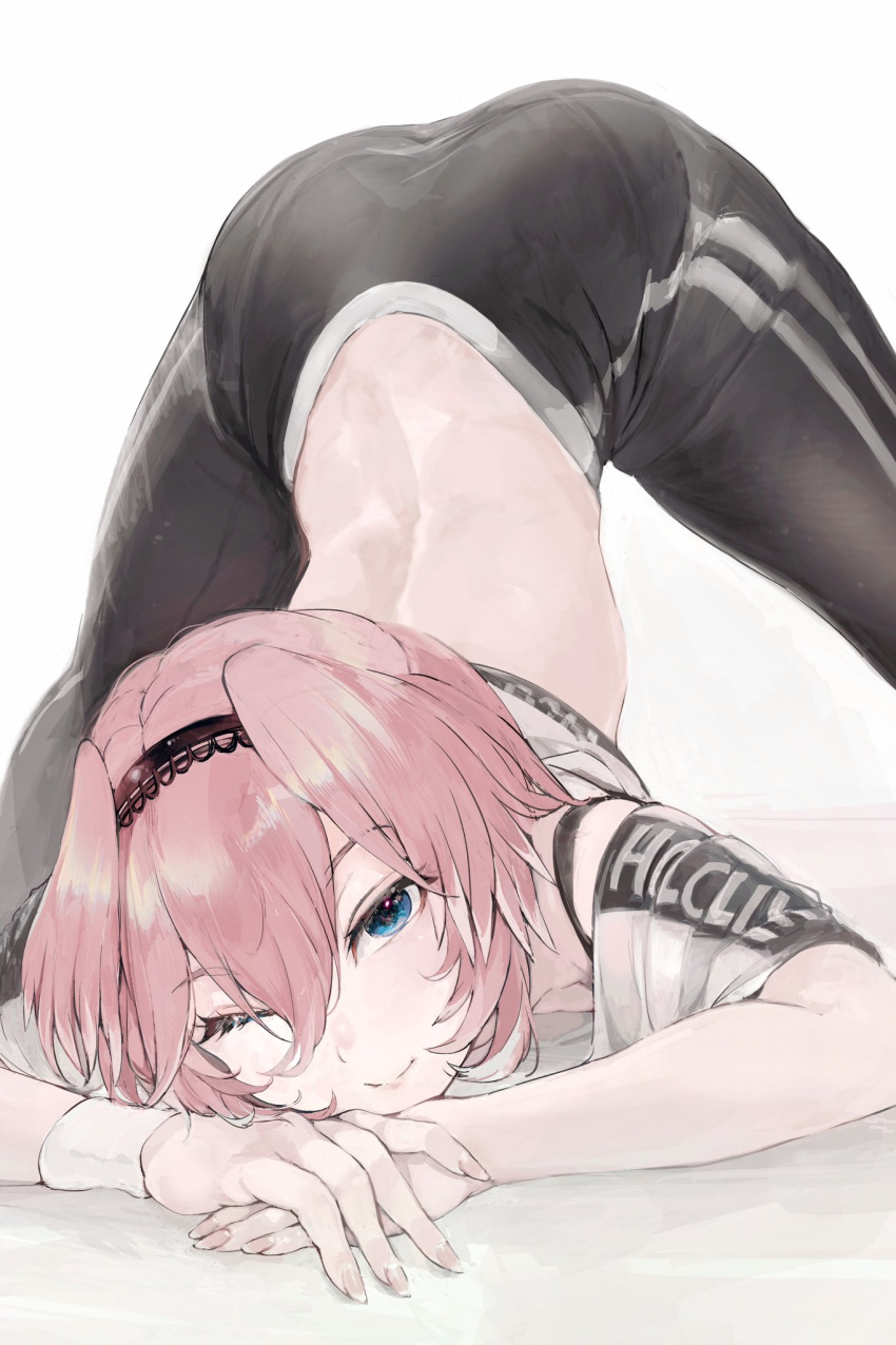 1girl blue_eyes crop_top hairband head_wings highres hololive hololive_dance_practice_uniform jack-o'_challenge long_hair_between_eyes one_eye_closed pants pink_hair short_hair solo takane_lui top-down_bottom-up torn_flipper virtual_youtuber wings wristband yoga_pants