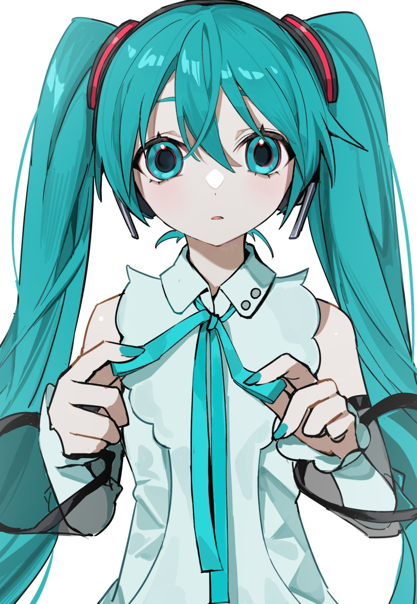 1girl aqua_eyes aqua_hair aqua_nails aqua_ribbon bare_shoulders commentary detached_sleeves dilated_pupils dot_nose hair_ornament hatsune_miku hatsune_miku_(nt) headphones highres holding holding_ribbon layered_sleeves long_hair looking_at_viewer myuga66666 nail_polish neck_ribbon parted_lips piapro ribbon see-through see-through_sleeves shirt simple_background sleeveless sleeveless_shirt solo straight-on twintails tying upper_body very_long_hair vocaloid white_background white_shirt white_sleeves