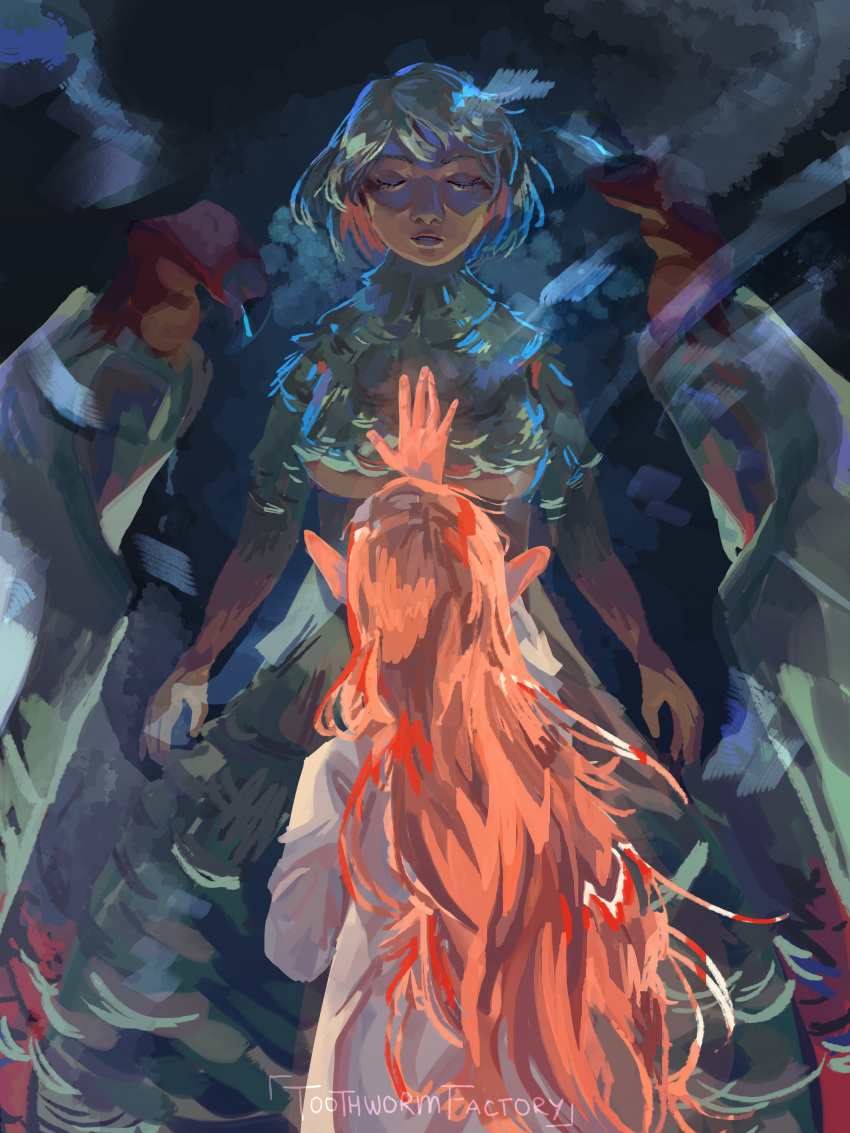 2girls absurdres artist_name blonde_hair closed_eyes dungeon_meshi elf facing_viewer falin_thorden falin_thorden_(chimera) hand_up highres long_hair looking_at_another marcille_donato multiple_girls pointy_ears shirt short_hair toothwormfactory white_shirt