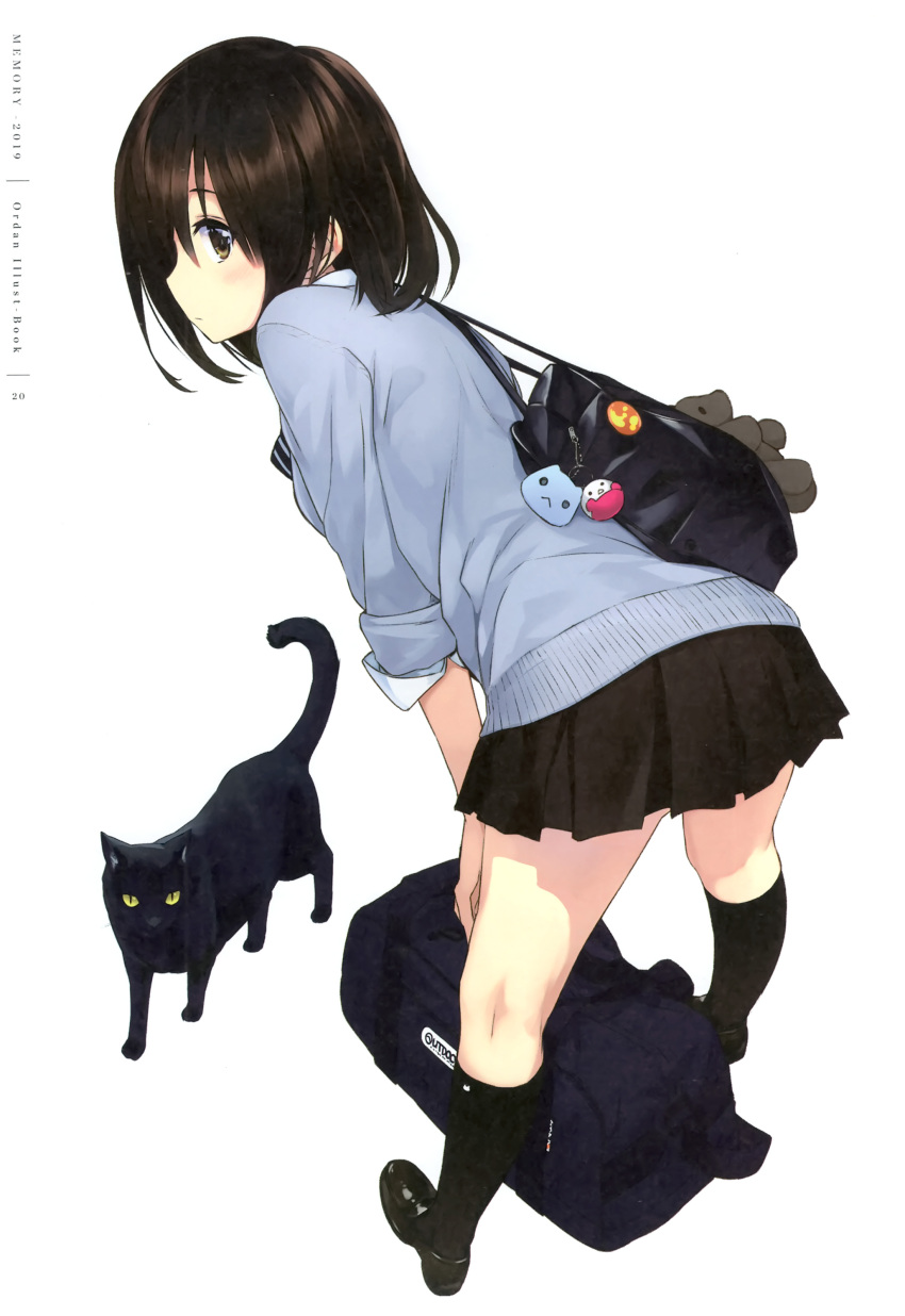 1girl absurdres amagai_tarou bag bag_charm black_cat black_footwear black_skirt black_socks blush brown_eyes brown_hair cat charm_(object) duffel_bag from_behind full_body highres kneehighs leaning_forward loafers looking_at_viewer looking_back miniskirt non-web_source original pleated_skirt profile school_bag school_uniform shoes short_hair simple_background skirt sleeves_rolled_up socks solo stuffed_animal stuffed_toy sweater teddy_bear twitter_username uniform white_background