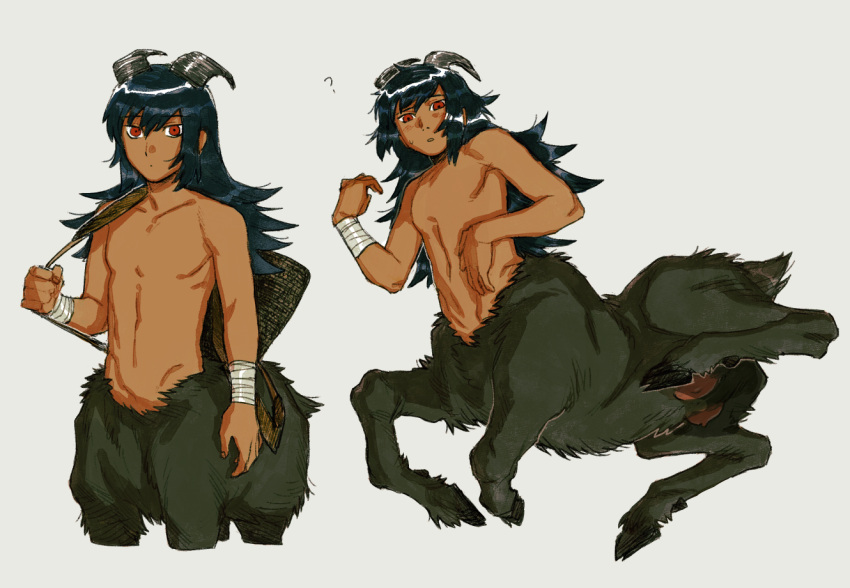 1boy ? arm_wrap black_fur black_hair black_horns brown_bag centauroid commentary_request cropped_legs dark-skinned_male dark_skin full_body goat_boy goat_horns goat_tail grey_background hand_up hooves horns long_hair looking_at_viewer lying male_focus monster_boy multiple_views on_side original parted_lips red_eyes sabyap sidelocks simple_background standing taur topless_male