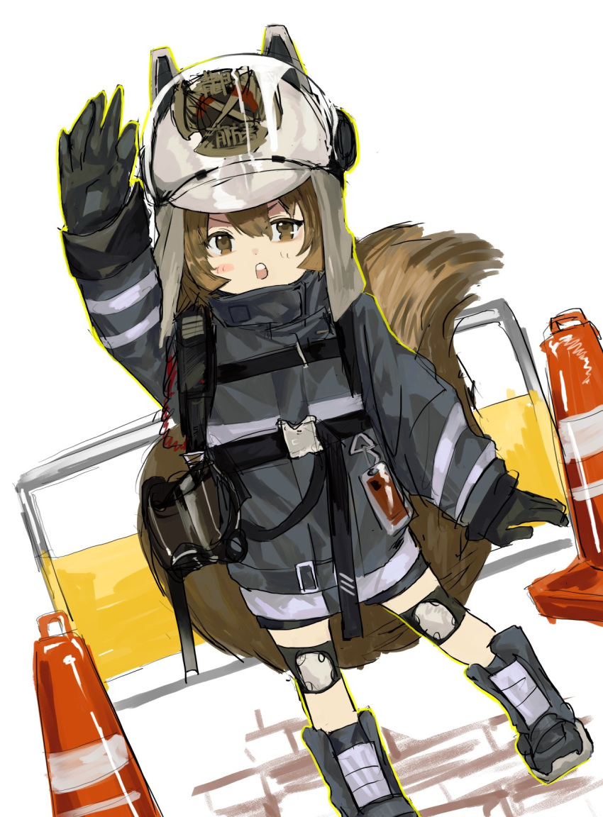 1girl animal_hat arknights arm_up black_footwear black_gloves black_jacket black_shorts blush_stickers boots brown_eyes brown_hair commentary_request eyebrows_hidden_by_hair fire_helmet firefighter firefighter_jacket full_body gloves hair_between_eyes hat highres jacket knee_pads long_sleeves nun2o open_mouth shaw_(arknights) shorts simple_background sketch solo squirrel_tail standing tail teeth traffic_cone upper_teeth_only v-shaped_eyebrows white_background white_headwear