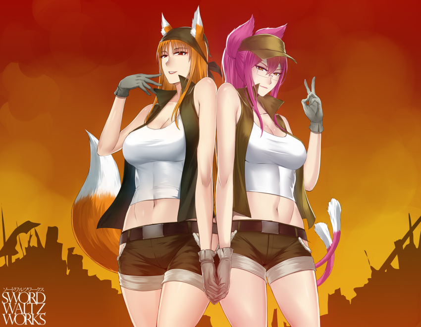 2girls animal_ears bandana bare_shoulders baseball_cap belt belt_buckle black_belt blazblue breasts brown_hair brown_vest buckle cat_tail character_request cleavage cleavage_cutout clothing_cutout collarbone commission cosplay cowboy_shot gloves grey_gloves hat highres holding_hands holo kokonoe_(blazblue) looking_at_viewer metal_slug multiple_girls multiple_tails navel orange_background orange_eyes pink_hair red_eyes shorts skin_tight spice_and_wolf swordwaltzworks tail tank_top thigh_cutout thighs vest white_tank_top wolf_ears wolf_girl wolf_tail
