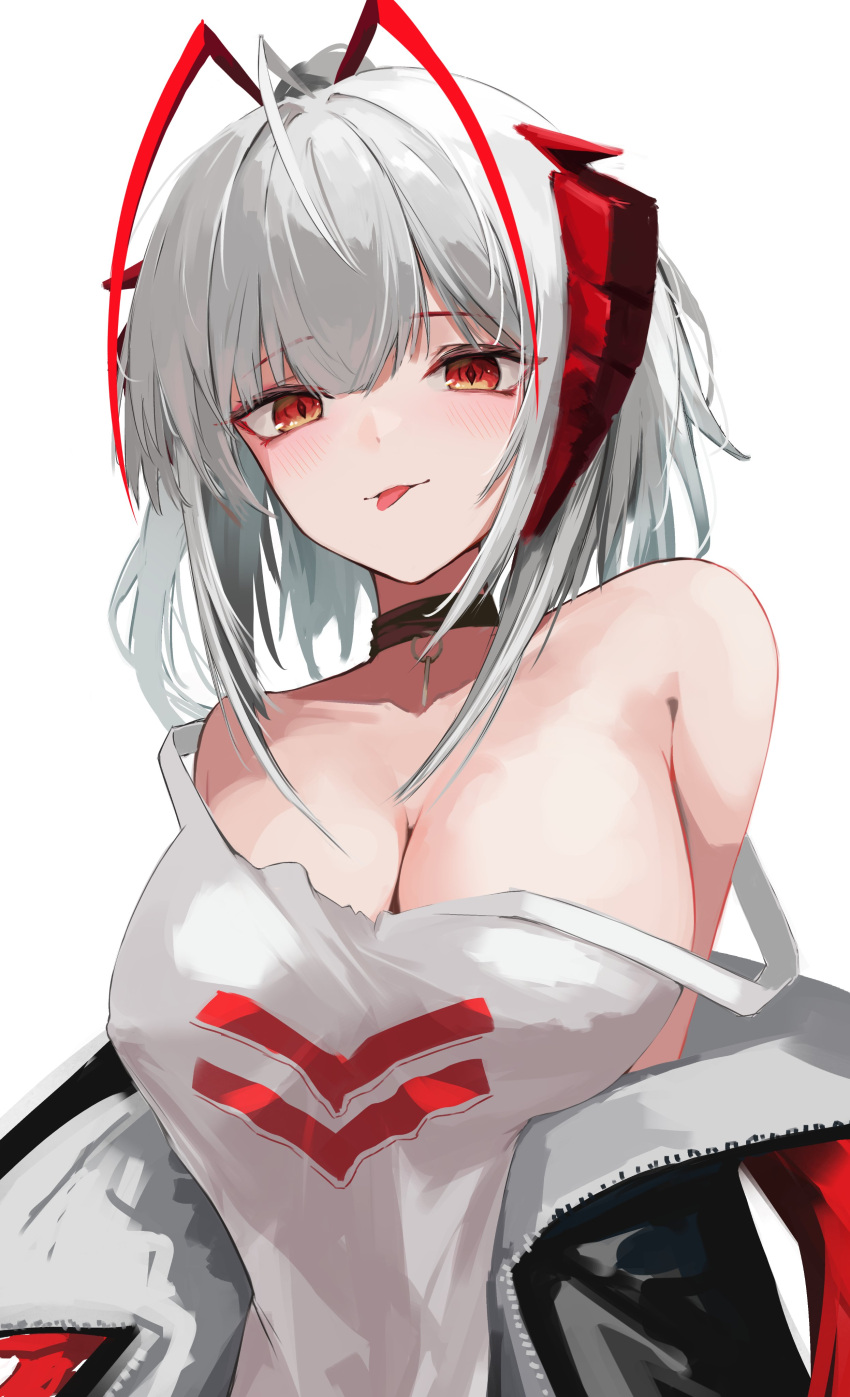 1girl :p absurdres arknights bare_shoulders black_jacket blush breasts cleavage closed_mouth collarbone highres horns huge_breasts jacket looking_at_viewer medium_hair nekomatamago off_shoulder open_clothes open_jacket red_eyes shirt sidelocks simple_background sleeveless sleeveless_shirt smile solo strap_slip tongue tongue_out two-sided_fabric two-sided_jacket upper_body w_(arknights) white_background white_hair white_jacket white_shirt