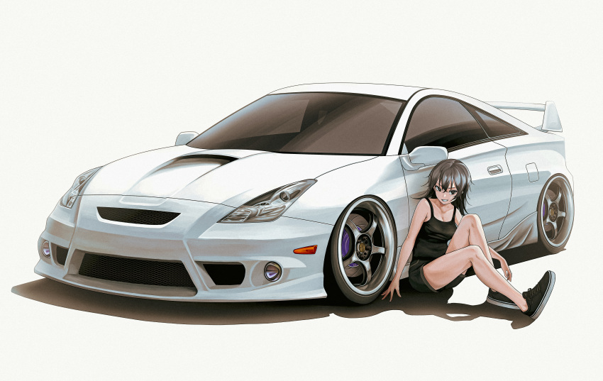 1girl absurdres black_camisole black_footwear black_hair black_shorts bokuya camisole car collarbone commission english_commentary highres looking_to_the_side motor_vehicle original parted_lips shadow shoes short_shorts shorts sitting sneakers solo spoiler_(automobile) sports_car stance_(vehicle) toyota toyota_celica toyota_celica_t230 vehicle_focus white_background