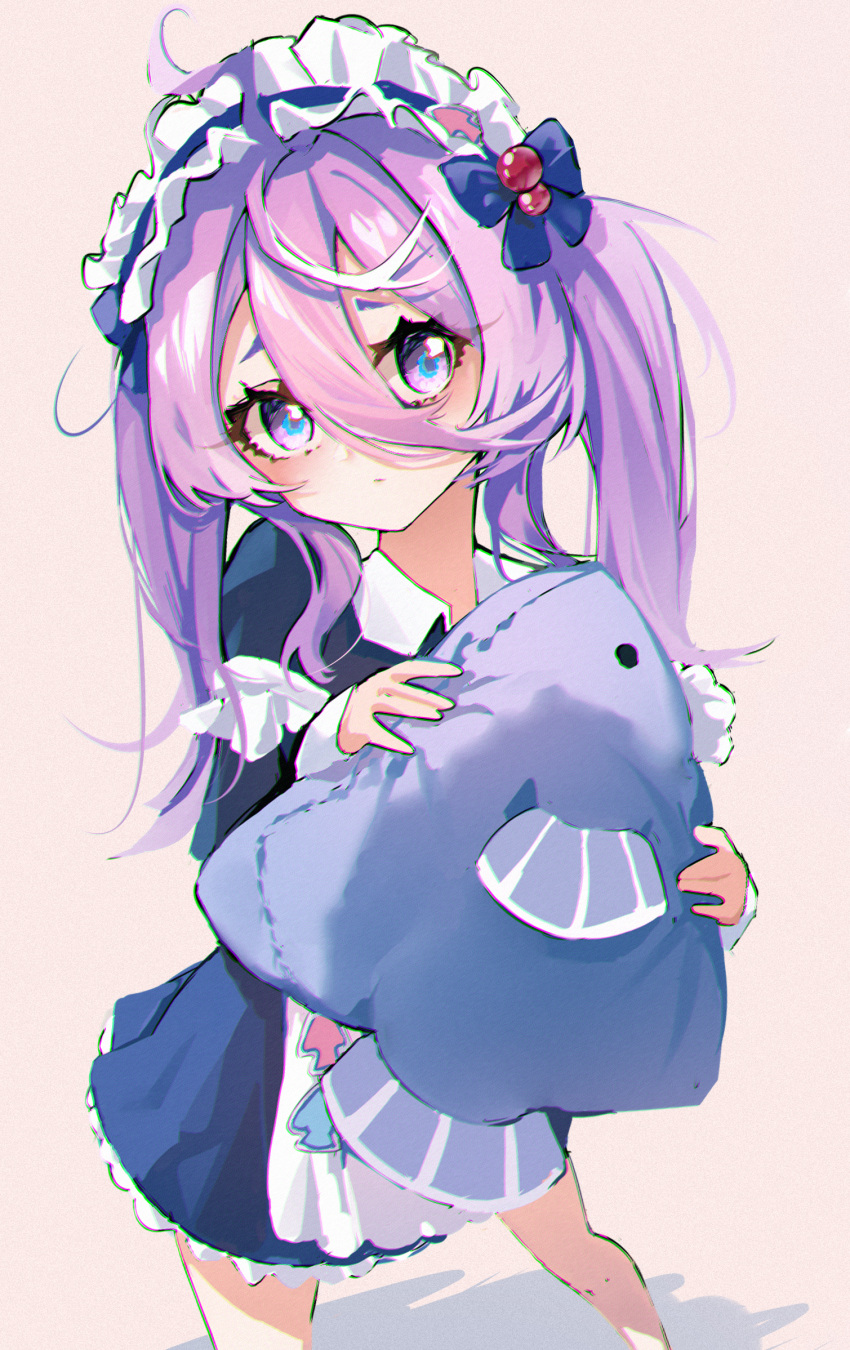 1girl ahoge alternate_costume azur_lane blue_ribbon chromatic_aberration closed_mouth enmaided flasher_(azur_lane) flasher_(tearjerking_service)_(azur_lane) hair_ribbon highres holding holding_stuffed_toy long_bangs long_sleeves looking_at_viewer maid maid_headdress medium_hair official_alternate_costume purple_eyes purple_hair ribbon shadow simple_background solo standing stuffed_animal stuffed_fish stuffed_toy twintails xxxxxg