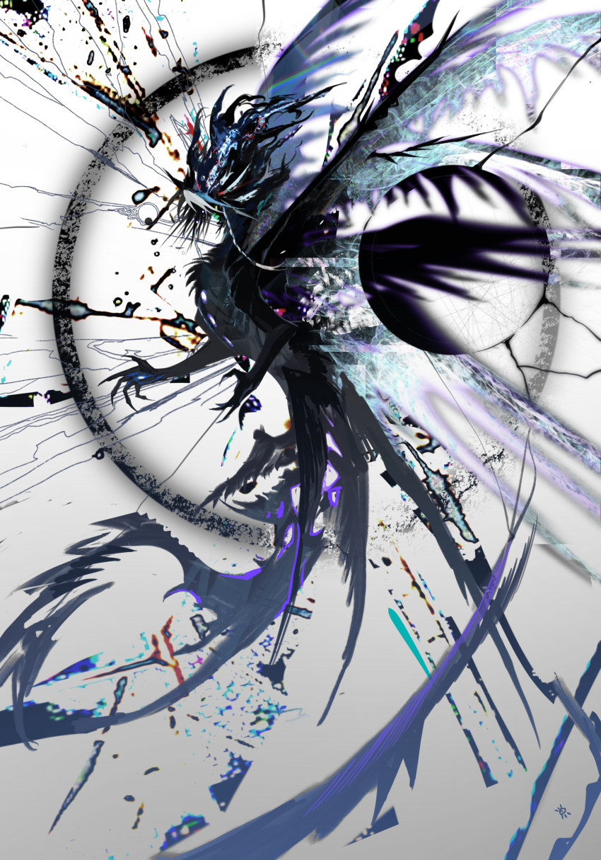 abstract_background absurdres animal_focus black_feathers black_hair creature dragon feathers full_body highres kamikiririp light_particles no_humans open_mouth original solo wings