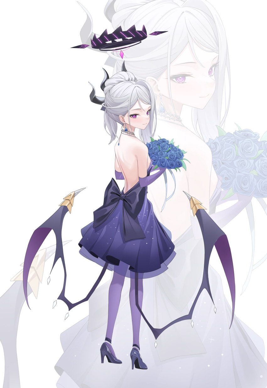 1girl absurdres black_footwear black_horns blue_archive blush closed_mouth demon_horns dress earrings elbow_gloves full_body gloves guntree halo high_heels highres hina_(blue_archive) hina_(dress)_(blue_archive) horns jewelry long_hair looking_at_viewer multiple_horns official_alternate_costume purple_dress purple_eyes purple_gloves purple_thighhighs smile solo thighhighs white_hair zoom_layer