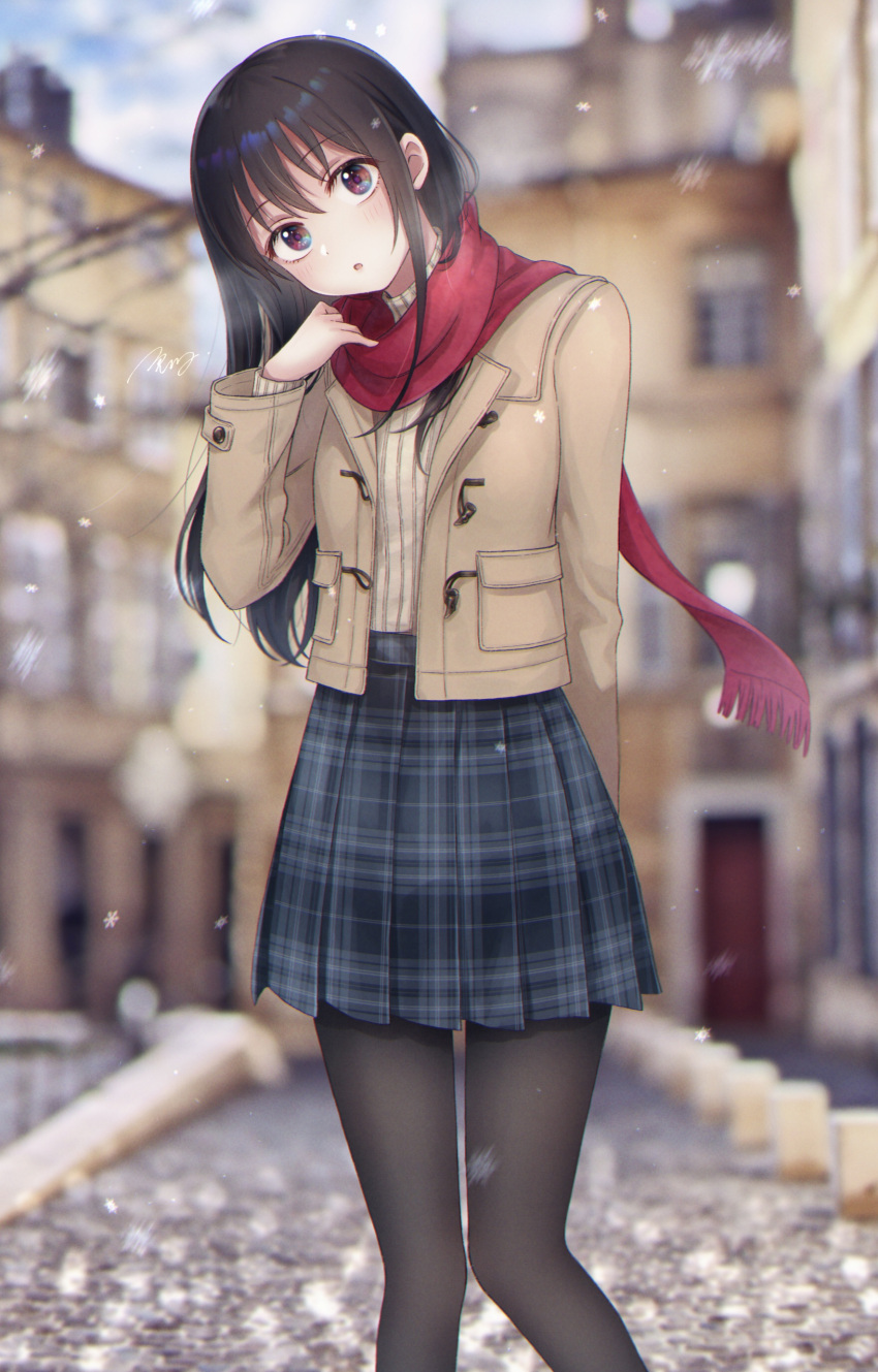 1girl absurdres adjusting_scarf arm_behind_back black_hair black_pantyhose black_skirt blurry blurry_background brown_eyes brown_jacket brown_sweater commentary_request day feet_out_of_frame head_tilt highres isshokuitaru jacket long_hair long_sleeves looking_at_viewer open_clothes open_jacket open_mouth original outdoors pantyhose pleated_skirt red_scarf ribbed_sweater scarf signature skirt snowing solo sweater turtleneck turtleneck_sweater