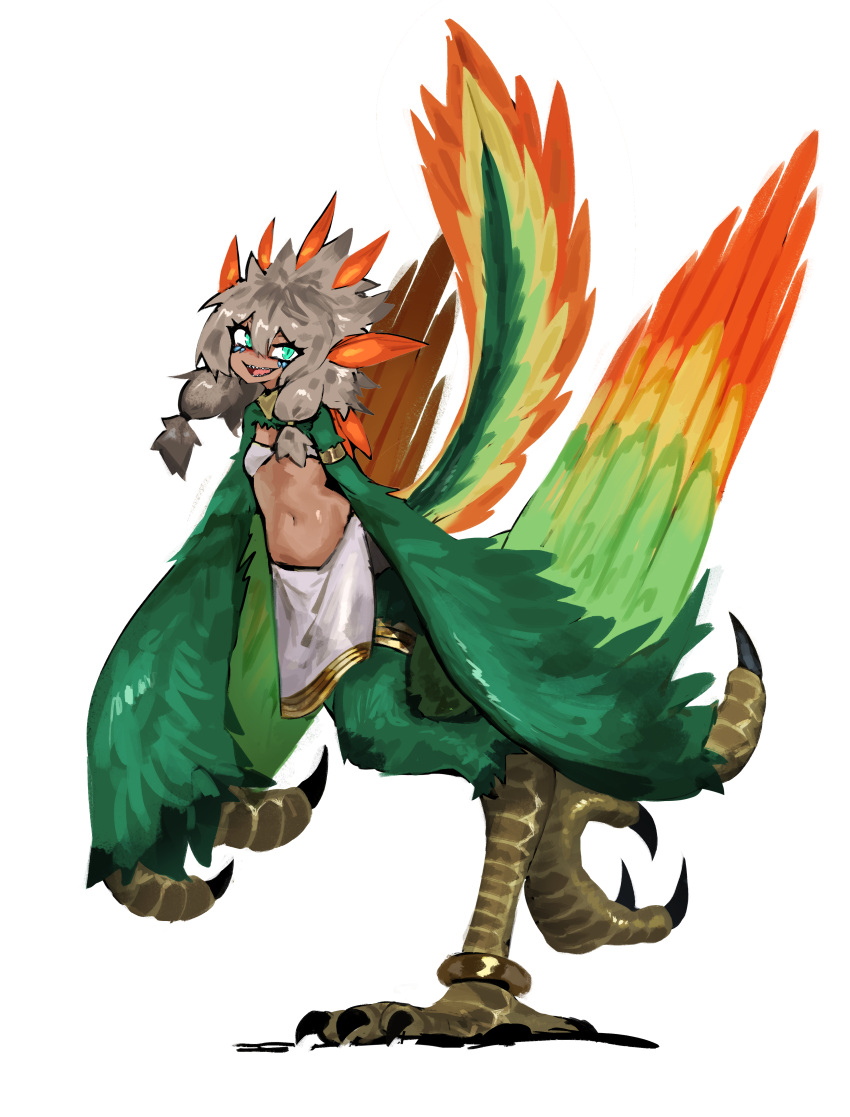 1girl absurdres anklet armlet bird_tail breasts chinese_commentary claws commentary_request dark-skinned_female dark_skin feathered_wings feathers green_eyes green_feathers green_wings grey_hair hair_between_eyes harpy highres jewelry looking_at_viewer midriff monster_girl multicolored_tail multicolored_wings open_mouth orange_feathers original sharp_teeth simple_background small_breasts solo sora_sakura standing standing_on_one_leg tail talons teeth twintails white_background winged_arms wings yellow_feathers