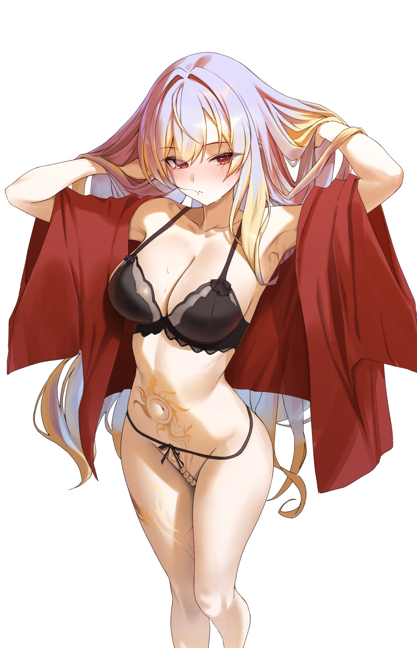 1girl absurdres armpits beads black_bra bra breasts character_request cleavage highres looking_at_viewer multicolored_hair navel open_clothes red_eyes red_robe rkin robe simple_background solo stomach_tattoo sweat tattoo underwear white_background