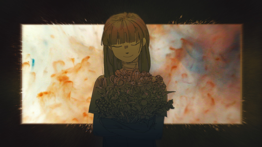1girl bandaged_neck bandages blunt_bangs bouquet closed_eyes eyebrows_hidden_by_hair flower highres holding holding_bouquet long_hair nopanamaman original sepia shirt short_sleeves smile solo upper_body