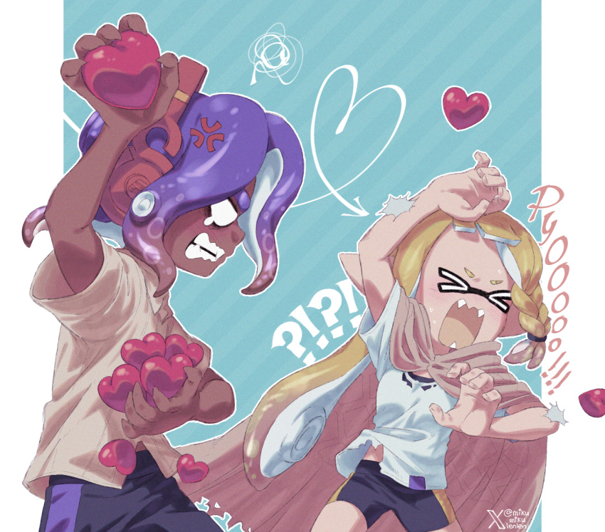 !? &gt;_&lt; 1boy 1girl ariamikukanzaki black_shorts blank_eyes blonde_hair braid breasts brown_cape brown_hair cape clenched_teeth commentary dark-skinned_male dark_skin fangs gradient_hair heart hetero highres inkling_girl inkling_player_character multicolored_hair octoling_boy octoling_player_character purple_hair shorts side_braid small_breasts smile splatoon_(series) splatoon_3 tearing_up teeth throwing twitter_username very_dark_skin