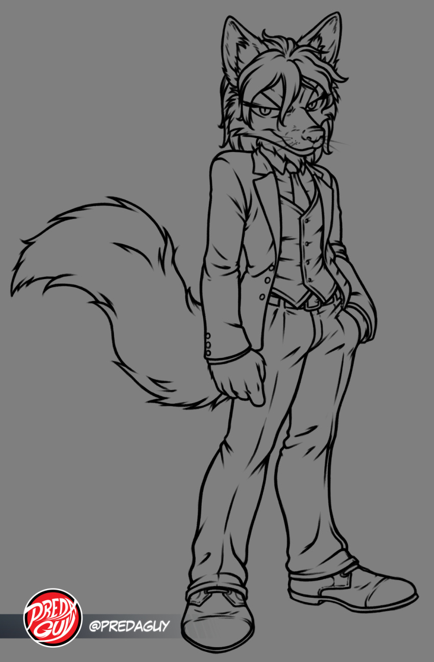 anthro arctic_fox canid canine clothing dress_shoes flipp_(nerdynina) floofy_tail fox furry hand_in_pocket hi_res looking_at_viewer mammal necktie pockets predaguy sega sketch sneer sonic_the_hedgehog_(series) suit suit_jacket topwear true_fox vest whiskers