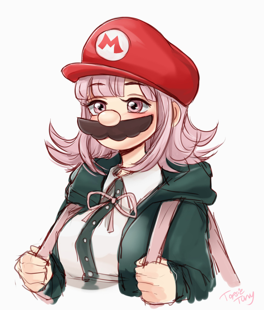 1girl black_jacket cosplay cropped_torso danganronpa_(series) danganronpa_2:_goodbye_despair dress_shirt fake_facial_hair fake_mustache grey_background highres hood hood_down hooded_jacket jacket long_sleeves mario mario_(cosplay) mario_(series) medium_hair nanami_chiaki neck_ribbon pink_eyes pink_hair pink_ribbon red_headwear ribbon shirt simple_background solo topsieturvy upper_body white_shirt