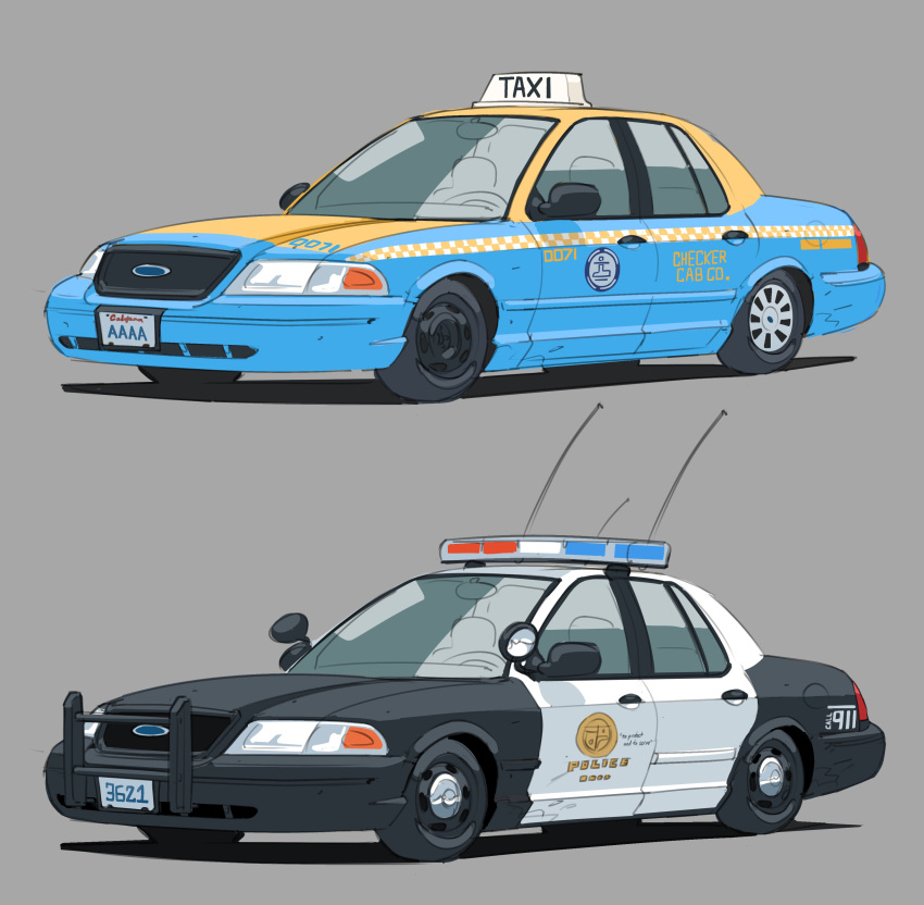 absurdres car ford ford_crown_victoria grey_background highres license_plate los_angeles_police_department motor_vehicle no_humans original police_car radio_antenna shadow variations vee_(427deer) vehicle_focus