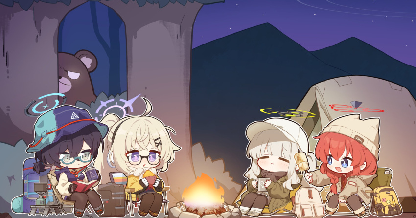 4girls :&lt; animal backpack bag baseball_cap bear black_hair blue_archive blue_eyes bush campfire chihiro_(blue_archive) chihiro_(camp)_(blue_archive) closed_eyes commentary crossed_bangs cup earmuffs fire food glasses grey_hair hair_between_eyes hair_ornament hairclip halo hare_(blue_archive) hare_(camp)_(blue_archive) hat highres holding holding_cup holding_food kotama_(blue_archive) kotama_(camp)_(blue_archive) long_hair long_sleeves maki_(blue_archive) maki_(camp)_(blue_archive) marshmallow multiple_girls nemoga night official_alternate_costume open_mouth outdoors parted_lips ponytail purple_eyes red_hair roasted_marshmallow roasted_sweet_potato scarf sidelocks star_(sky) sweet_potato symbol-only_commentary tent tree