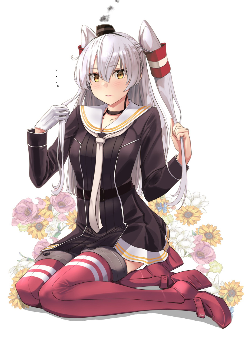 1girl amatsukaze_(kancolle) amatsukaze_kai_ni_(kancolle) black_dress blush brown_dress brown_eyes dress flower garter_straps gloves grey_hair hair_tubes highres jouzaburou_(joe3) kantai_collection long_hair long_sleeves looking_at_viewer neckerchief red_thighhighs sailor_collar sailor_dress single_glove sitting smile smokestack_hair_ornament solo thighhighs two_side_up white_gloves white_sailor_collar