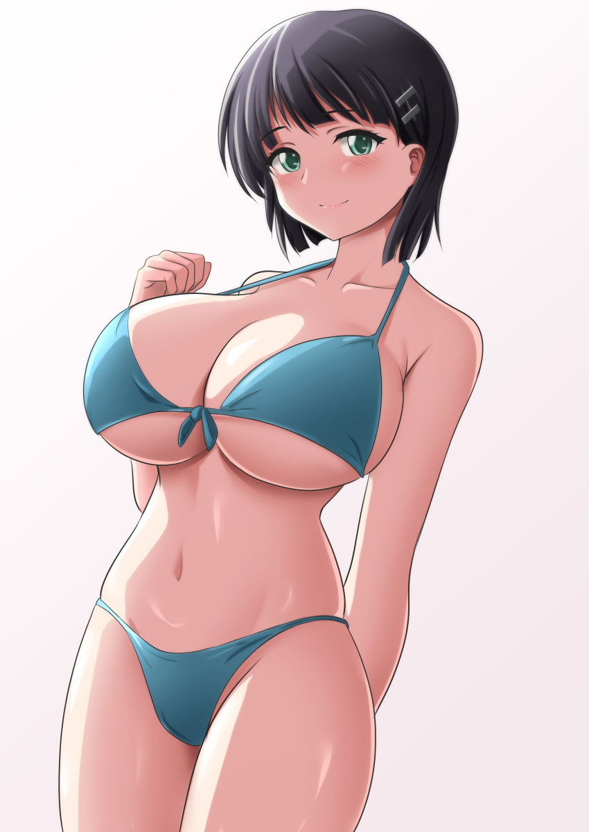 1girl absurdres alternate_eye_color bikini black_hair blue_bikini breasts collarbone commentary_request green_eyes hair_between_eyes hair_ornament hairclip highres kirigaya_suguha large_breasts looking_at_viewer navel short_hair simple_background smile solo steam_erobou swimsuit sword_art_online