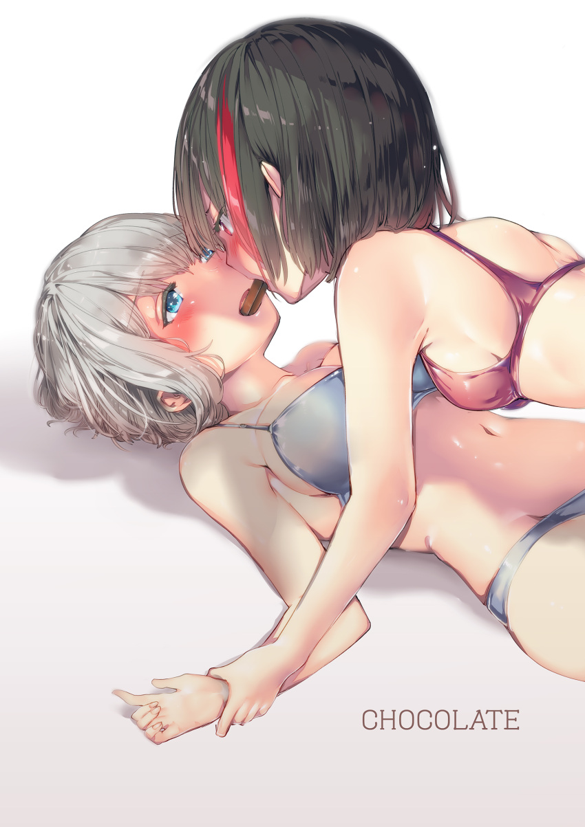 2girls bang_dream! black_hair blue_eyes blush bra breasts character_request chocolate english_text eye_contact food girl_on_top grey_hair highres holding_another's_wrist looking_at_another lying medium_breasts mitake_ran momonipu mouth_hold multicolored_hair multiple_girls navel non-web_source on_back panties red_eyes red_hair shadow short_hair streaked_hair underwear underwear_only white_background yuri