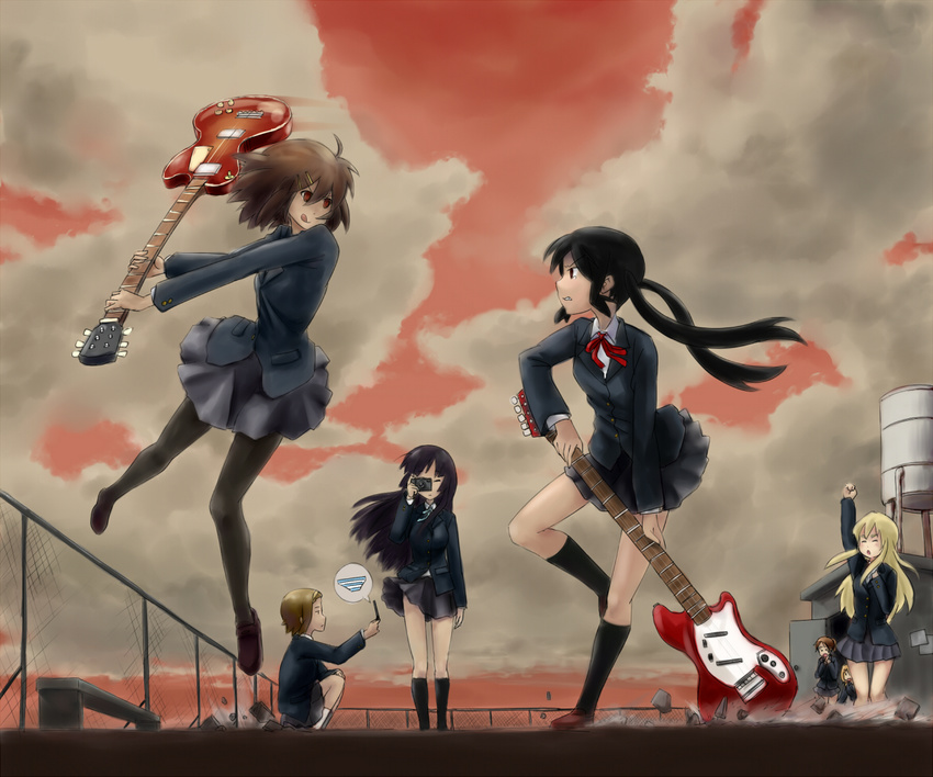 akiyama_mio battle black_eyes blonde_hair brown_hair camera cellphone duel electric_guitar extra flcl guitar hirasawa_ui hirasawa_yui instrument k-on! kotobuki_tsumugi long_hair multiple_girls nakano_azusa panties pantyhose parody phone red_eyes school_uniform short_hair skirt skirt_lift striped striped_panties tachibana_himeko tainaka_ritsu tears underwear upskirt w_k_z167 wind wind_lift