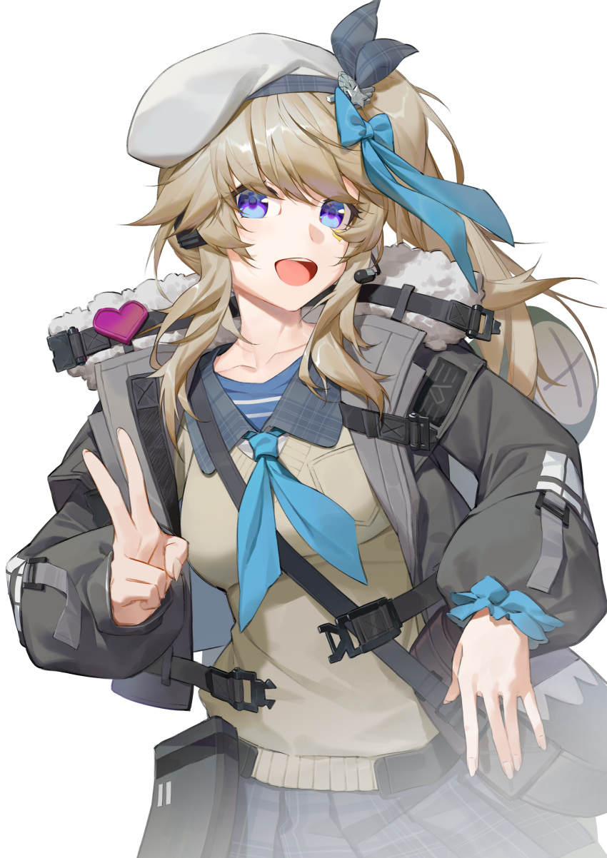 1girl absurdres animal_bag backpack bag beret black_jacket blue_bow blue_eyes blue_necktie bow cardigan fur-trimmed_jacket fur_trim girls'_frontline girls'_frontline_2:_exilium hair_bow hat heart highres jacket long_hair looking_at_viewer microphone necktie open_clothes open_jacket open_mouth plaid plaid_skirt pleated_skirt ren_huozhe shoulder_bag side_ponytail sidelocks simple_background skirt solo teeth upper_body upper_teeth_only v vepley_(girls'_frontline_2) white_background white_headwear yellow_cardigan