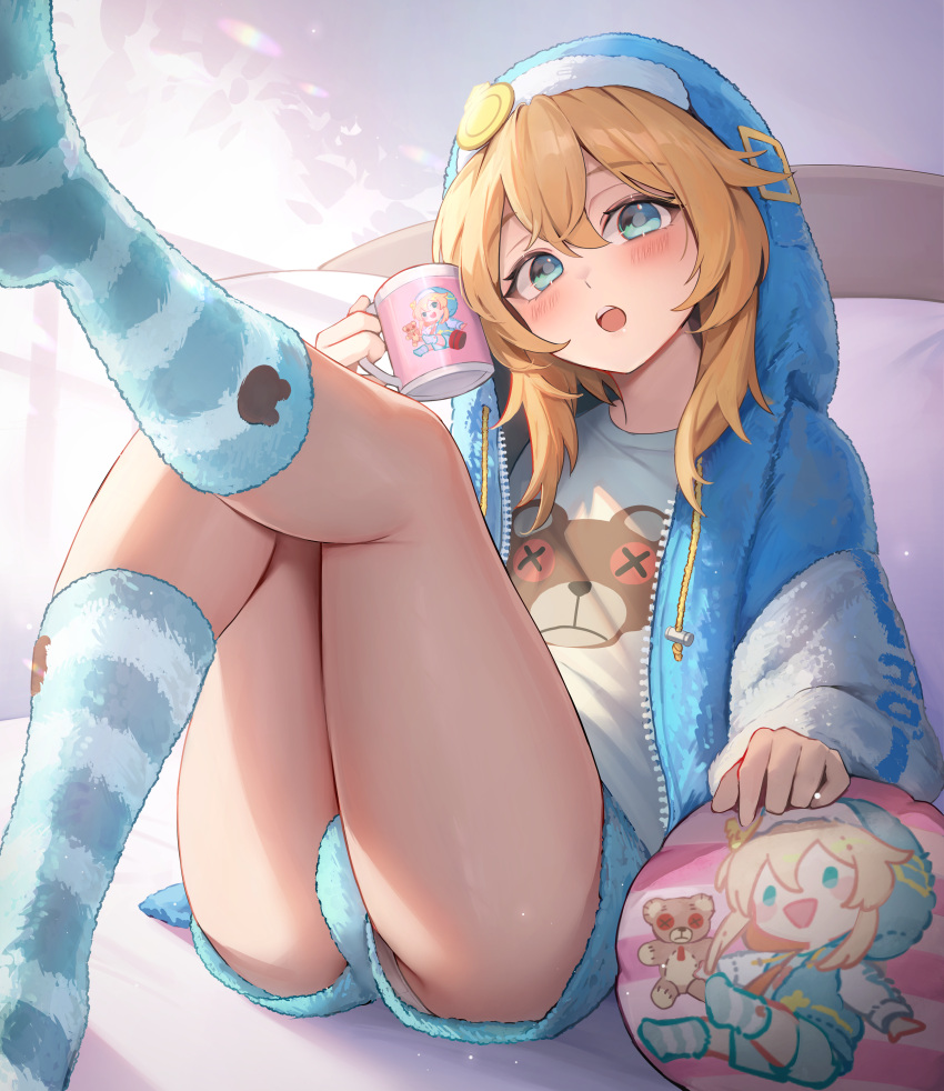 1boy absurdres adapted_costume animal_print bear_print bed_sheet blonde_hair blue_eyes blue_hoodie blue_shorts blue_socks blush bridget_(guilty_gear) commentary_request cup guilty_gear guilty_gear_strive hakusyokuto highres holding holding_cup hood hoodie knee_up kneehighs leg_up looking_at_viewer loungewear male_focus mug on_bed open_mouth otoko_no_ko paid_reward_available panties panty_peek print_shirt shirt short_shorts shorts sitting socks solo thighs underwear white_panties white_shirt