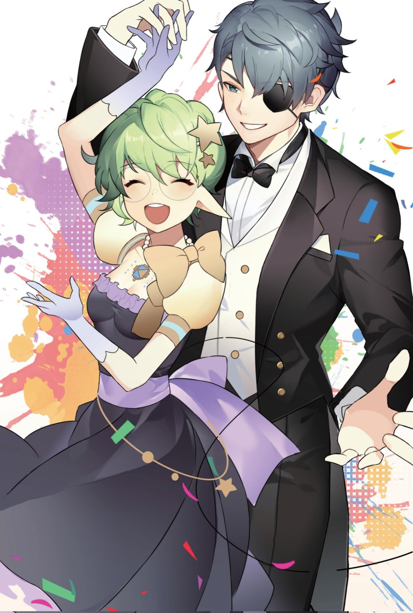 1boy 1girl :d ^_^ bad_hands black_bow black_bowtie black_dress black_jacket black_pants blue_eyes bow bowtie breasts cleavage closed_eyes collared_shirt commentary_request dress dress_shirt eyepatch facing_viewer frilled_dress frills glasses gloves grey_gloves grey_hair hair_ornament highres jacket open_clothes open_jacket pandoria_(xenoblade) pants pointy_ears puffy_short_sleeves puffy_sleeves round_eyewear shirt short_sleeves small_breasts smile star_(symbol) star_hair_ornament stephanieh81080 suit teeth upper_teeth_only vest white_shirt white_vest xenoblade_chronicles_(series) xenoblade_chronicles_2 zeke_von_genbu_(xenoblade)