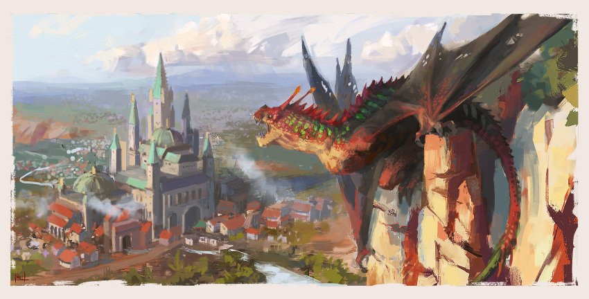 animal_focus blue_sky border castle city cityscape claws cloud commentary day dragon english_commentary fantasy from_above highres monster neilvk open_mouth original outdoors painterly rock scenery sharp_teeth sky solo tail teeth western_dragon white_border wings wyvern