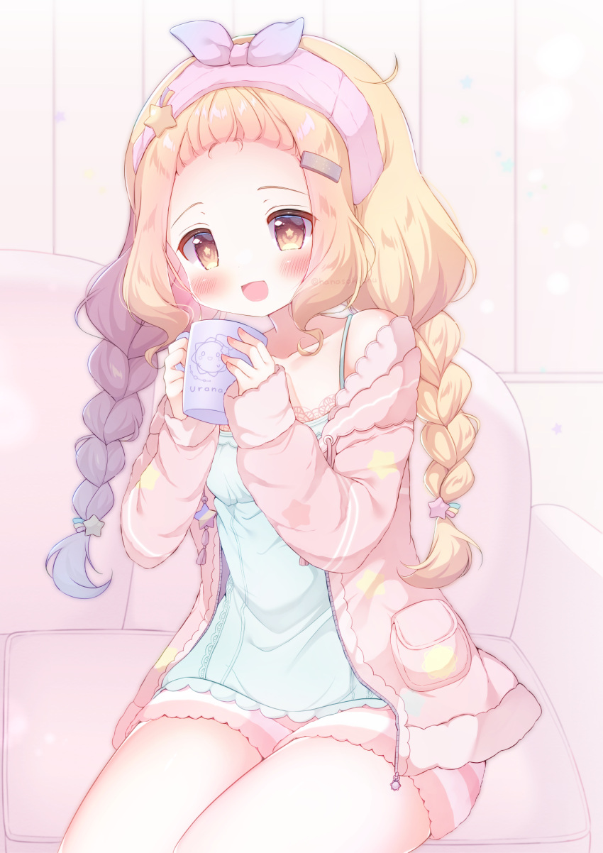 1girl ars_project blonde_hair braid brown_eyes couch cup hanasakichu highres holding holding_cup hoshimiya_urana jacket loungewear low_twin_braids mug on_couch pink_jacket sitting thighs twin_braids virtual_youtuber