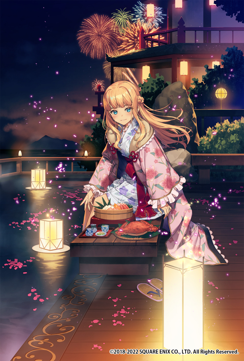 1girl aerial_fireworks blonde_hair blue_eyes blush chyko7080 crab fireworks food full_body highres japanese_clothes long_hair looking_at_viewer monica_(romancing_saga_3) official_art romancing_saga_3 romancing_saga_re;universe saga sandals sitting smile solo square_enix water