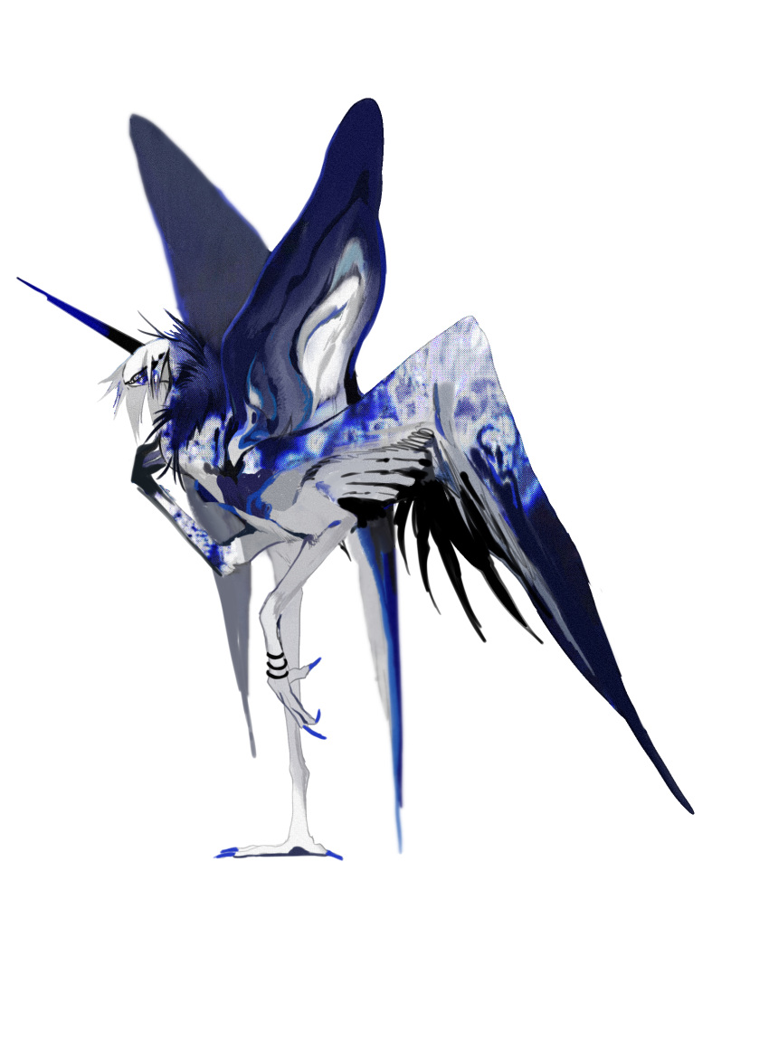 animal_focus black_wings blue_nails blue_wings full_body grey_wings highres horns kamikiririp monster no_humans original single_horn solo white_background wings