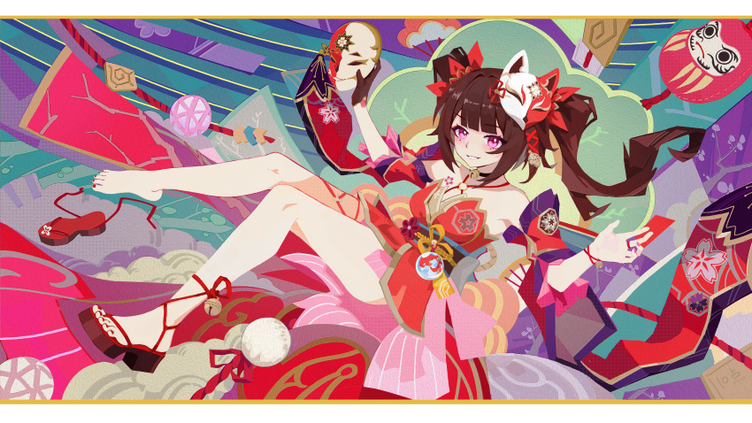 10_points_of_love 1girl absurdres bare_shoulders barefoot bell black_choker brown_gloves brown_hair choker daruma_doll detached_sleeves eyeshadow flower_tattoo fox_mask gloves grin hair_ribbon highres holding holding_mask honkai:_star_rail honkai_(series) japanese_clothes letterboxed long_hair looking_at_viewer makeup mask mask_on_head neck_bell pink_eyes red_eyeshadow red_ribbon ribbon sandals single_barefoot single_glove sleeveless smile solo sparkle_(honkai:_star_rail) tattoo twintails