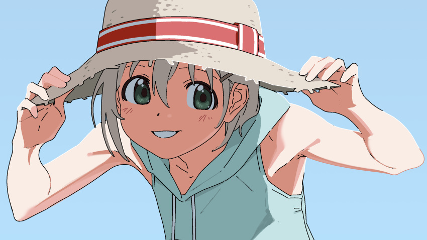 1girl armpits blue_background blue_hoodie blush commentary_request green_eyes grey_hair grin hands_on_headwear hands_up hat highres hood hood_down hoodie looking_at_viewer piezo short_hair sidelighting sleeveless sleeveless_hoodie smile solo straw_hat sun_hat upper_body yama_no_susume yukimura_aoi