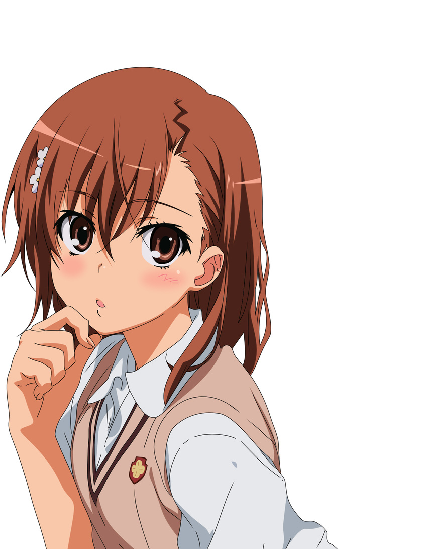 blush brown_eyes brown_hair face hair_ornament hairclip hands highres md5_mismatch misaka_mikoto open_mouth short_hair solo sweater_vest to_aru_kagaku_no_railgun to_aru_majutsu_no_index torasen_(artist) transparent_background vector_trace