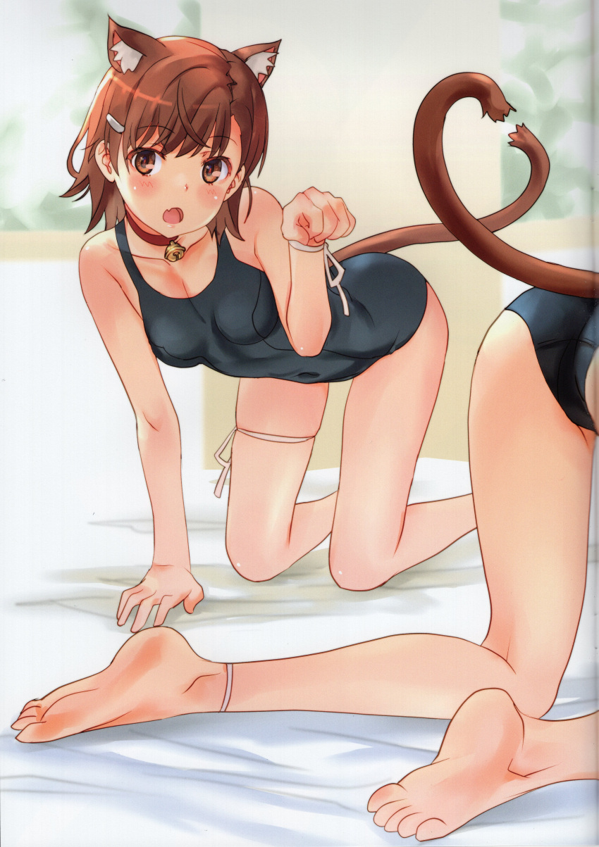 1girl :d absurdres all_fours animal_ear_fluff animal_ears ankle_ribbon ass bare_legs bare_shoulders barefoot bell black_one-piece_swimsuit blush breasts brown_eyes brown_hair cat_ears cat_tail clone collarbone covered_navel crease extra_ears feet hair_ornament hairclip heart heart_tail heart_tail_duo highres jingle_bell kemonomimi_mode leg_ribbon legs looking_at_viewer misaka_mikoto neck_bell non-web_source one-piece_swimsuit open_mouth paw_pose raika9 ribbon scan school_swimsuit short_hair small_breasts smile soles swimsuit tail thigh_ribbon toaru_kagaku_no_railgun toaru_majutsu_no_index toes wrist_ribbon