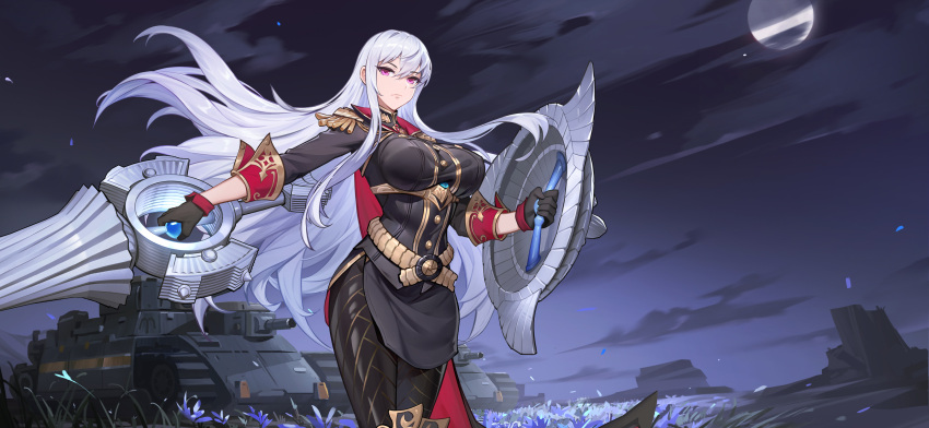 1girl absurdres black_gloves breasts epaulettes flower gloves highres holding holding_polearm holding_shield holding_weapon kuro_j lance large_breasts long_hair military military_uniform military_vehicle moon motor_vehicle night night_sky pale_skin petals polearm purple_eyes selvaria_bles senjou_no_valkyria_(series) senjou_no_valkyria_1 shield sky solo standing tank uniform weapon white_hair
