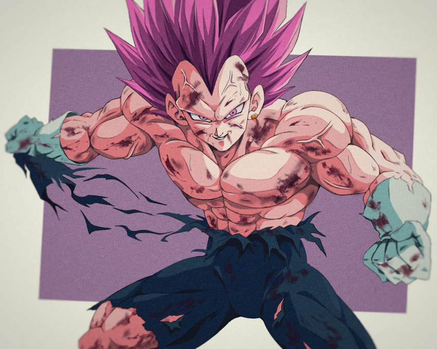 1boy abs blood blood_on_clothes blood_on_face blood_on_hands blue_bodysuit blurry blurry_background blurry_foreground bodysuit bure_(fantasticyouth7) cowboy_shot dragon_ball dragon_ball_super gloves injury looking_at_viewer medium_hair muscular muscular_male no_eyebrows purple_background purple_eyes purple_hair smirk solo spiked_hair topless torn_bodysuit torn_clothes ultra_ego_(dragon_ball) vegeta veins white_background white_gloves