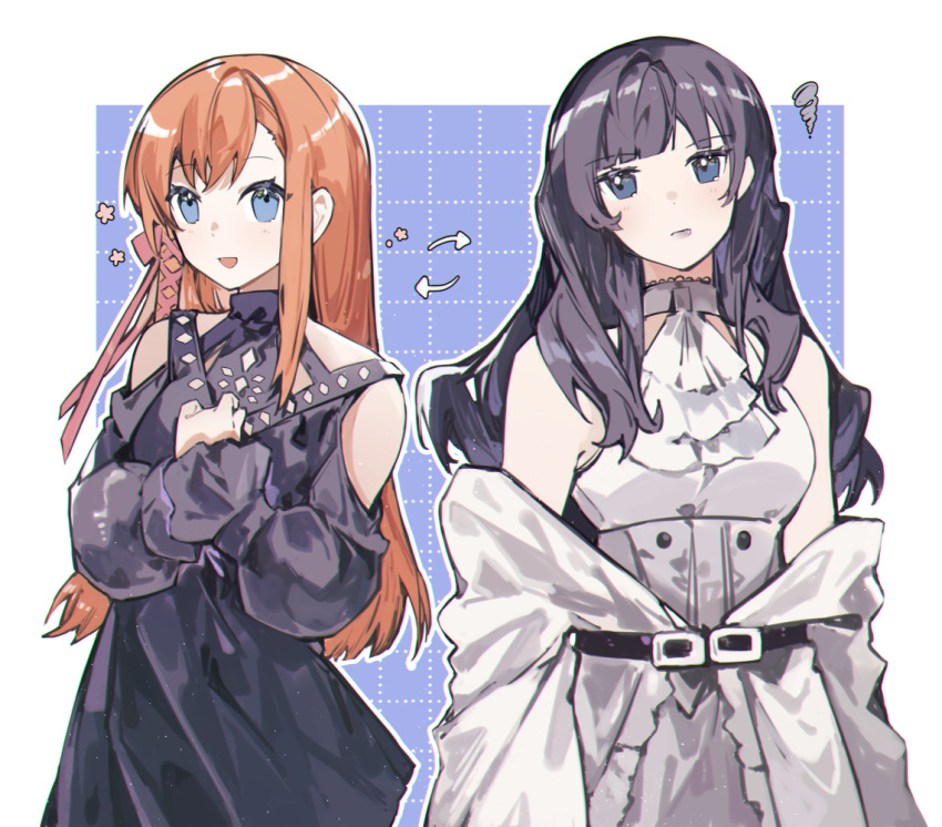 2girls :d ascot black_dress black_hair blue_eyes choker color_switch cowboy_shot dress final_fantasy final_fantasy_xiv frown gaia_(ff14) hair_ribbon light_blush long_hair looking_at_another looking_at_viewer multiple_girls off_shoulder orange_hair pink_ribbon ribbon rirene_rn ryne_waters smile white_ascot white_choker white_dress