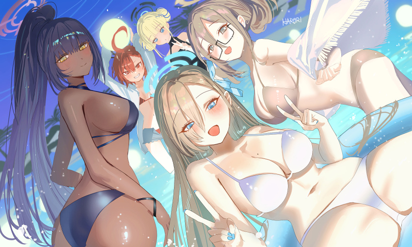 5girls ahoge akane_(blue_archive) alternate_costume artist_name ass asuna_(blue_archive) bikini black_bikini black_hair black_one-piece_swimsuit blonde_hair blue_archive blush breasts brown_bikini casual_one-piece_swimsuit cleaning_&amp;_clearing_(blue_archive) cleavage collarbone commentary dark-skinned_female dark_skin double_bun fingernails hair_bun halo haruri highres huge_ahoge karin_(blue_archive) large_breasts light_brown_hair looking_at_viewer mole mole_on_breast multiple_girls nail_polish navel neru_(blue_archive) one-piece_swimsuit ponytail pool red_bikini shawl shirt smile stomach swimsuit toki_(blue_archive) v white_bikini white_shawl white_shirt