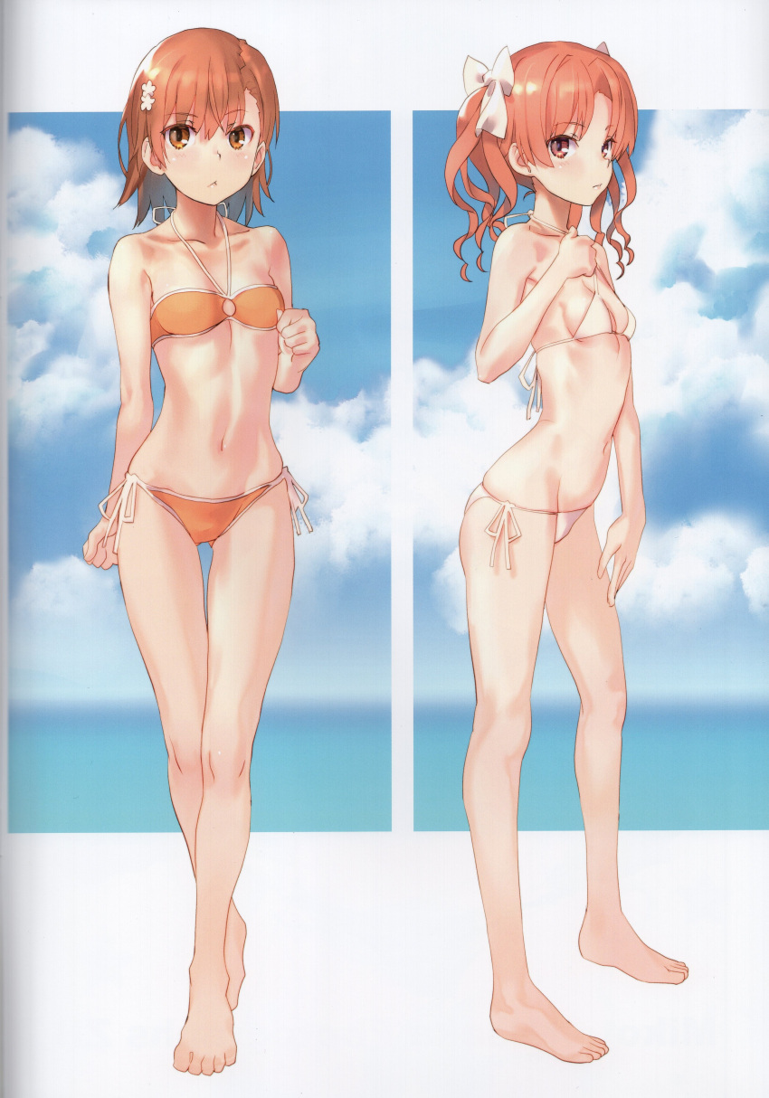 2girls absurdres arm_behind_back bare_legs bare_shoulders barefoot bikini blue_sky blush bow breasts brown_eyes brown_hair closed_mouth cloud collarbone crease day flower full_body hair_bow hair_flower hair_ornament halterneck highres long_hair looking_at_viewer medium_hair misaka_mikoto multiple_girls navel non-web_source ocean orange_bikini outdoors raika9 ribbon scan shirai_kuroko short_hair side-tie_bikini_bottom sky small_breasts standing string_bikini swimsuit toaru_kagaku_no_railgun toaru_majutsu_no_index twintails white_bikini white_bow