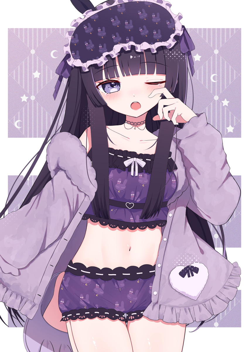 1girl :o absurdres argyle_background black_hair blunt_bangs blush cardigan collarbone cropped_shirt eye_mask foot_up frilled_shirt frills highres kyaneton legs_together long_hair long_sleeves looking_at_viewer mask mask_on_head midriff navel nijisanji one_eye_closed open_cardigan open_clothes open_mouth purple_background purple_cardigan purple_eyes purple_shirt purple_shorts rubbing_eyes shirt shorts sidelocks simple_background sleep_mask sleepy solo stomach straight_hair thigh_gap tsukino_mito tsukino_mito_(18th_costume) two-tone_background virtual_youtuber white_background