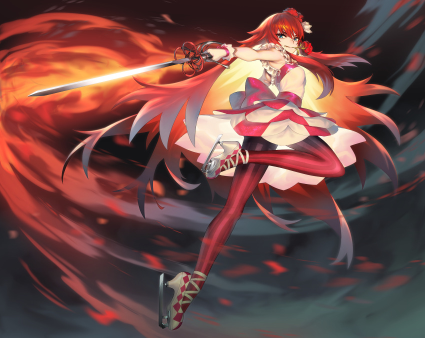 1girl blue_eyes commentary_request fire flaming_weapon flower full_body highres holding holding_sword holding_weapon ice_skates long_hair looking_at_viewer mouth_hold murakami_hisashi pantyhose pretty_rhythm pretty_rhythm_rainbow_live pretty_series rapier red_flower red_hair red_pantyhose red_rose renjouji_beru rose skates solo standing standing_on_one_leg striped_clothes striped_pantyhose sword two-tone_dress vertical-striped_clothes vertical-striped_pantyhose weapon white_footwear