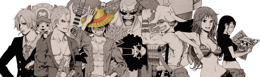 6+boys abs afro arasdel bikini_top breasts brook cigarette cleavage earrings everyone franky glasses guitar hair_over_one_eye hat highres instrument jewelry large_breasts long_hair monkey_d_luffy monochrome multiple_boys multiple_girls muscle nami_(one_piece) necktie nico_robin one_piece orange_hair roronoa_zoro sanji scar short_hair shorts skeleton smile spot_color straw_hat sword tattoo tony_tony_chopper usopp weapon
