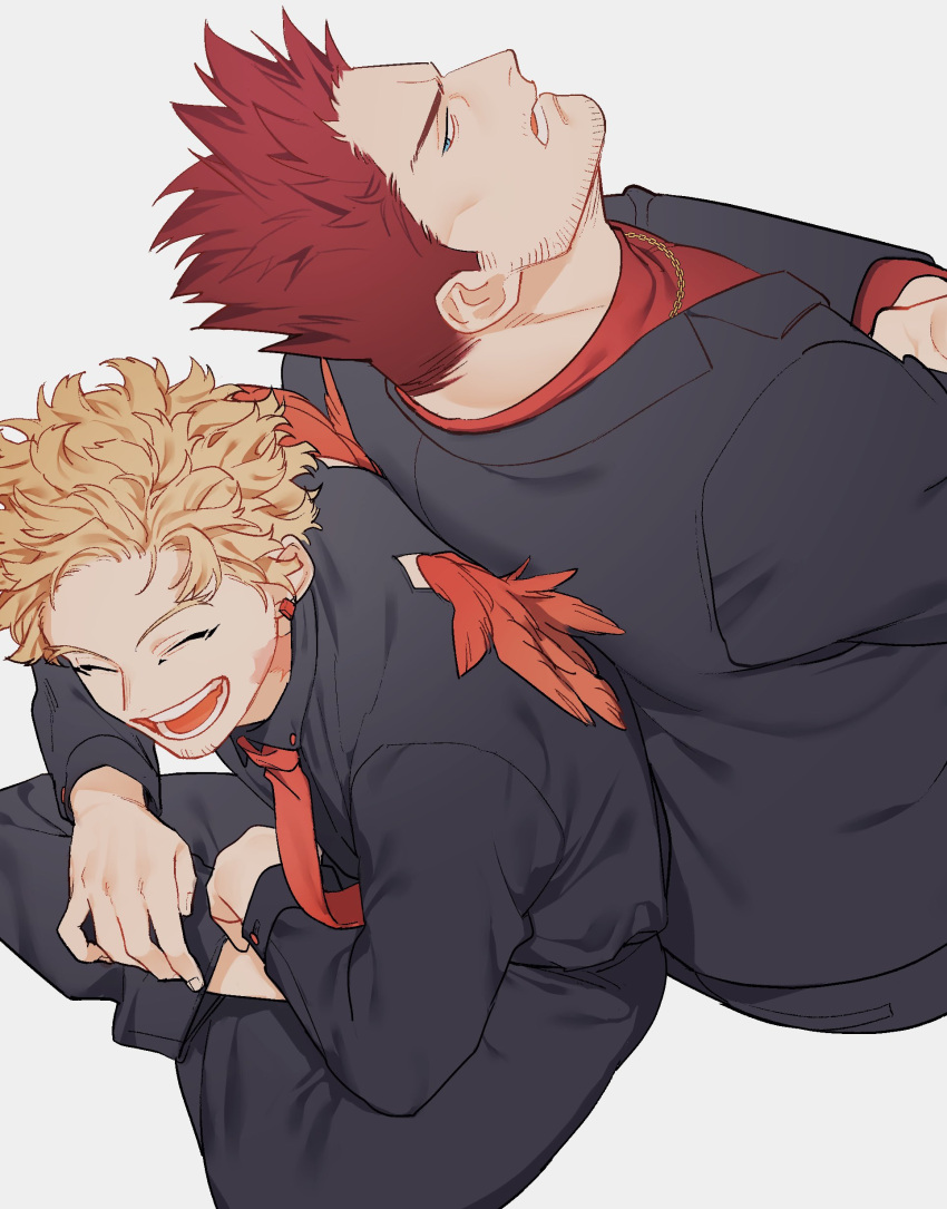 2boys absurdres back-to-back black_jacket black_shirt blonde_hair boku_no_hero_academia commentary earrings endeavor_(boku_no_hero_academia) facial_hair goatee_stubble grey_background happy hawks_(boku_no_hero_academia) highres jacket jewelry long_sleeves male_focus mini_wings multiple_boys necklace necktie open_mouth pon52io red_hair red_necktie red_shirt red_wings scar scar_on_neck shirt short_hair sitting sparse_stubble stubble symbol-only_commentary wings