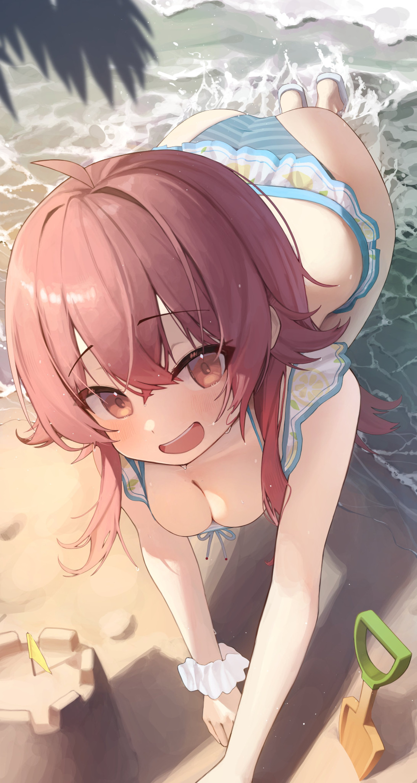 1girl absurdres ahoge all_fours ass bare_shoulders bikini blue_bikini breasts cleavage commentary frilled_bikini frills highres idolmaster idolmaster_shiny_colors komiya_kaho looking_at_viewer medium_hair ocean open_mouth outdoors planted planted_shovel pomp_(qhtjd0120) red_eyes red_hair sand_castle sand_sculpture scrunchie shovel smile solo striped_bikini striped_clothes swimsuit symbol-only_commentary teeth upper_teeth_only wrist_scrunchie