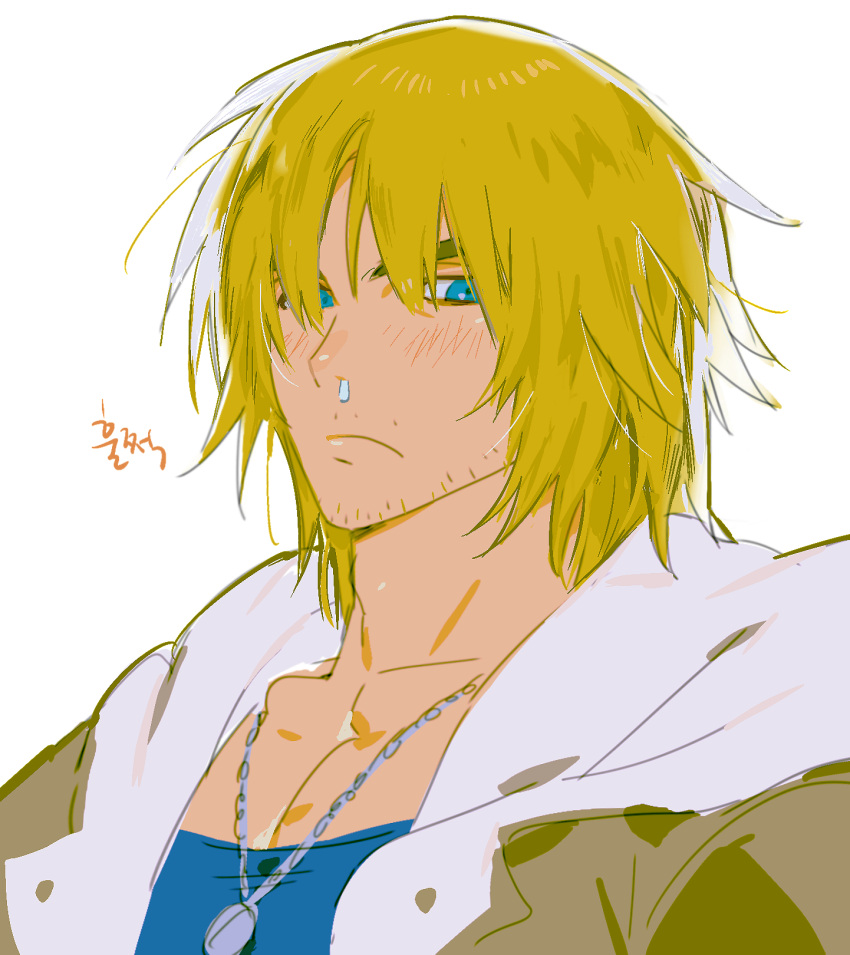 1boy athanjccgg bara blonde_hair blush eyelashes forked_eyebrows highres huge_eyebrows ken_masters looking_to_the_side male_focus medium_hair pectoral_cleavage pectorals portrait runny_nose snot solo sparse_stubble street_fighter street_fighter_6