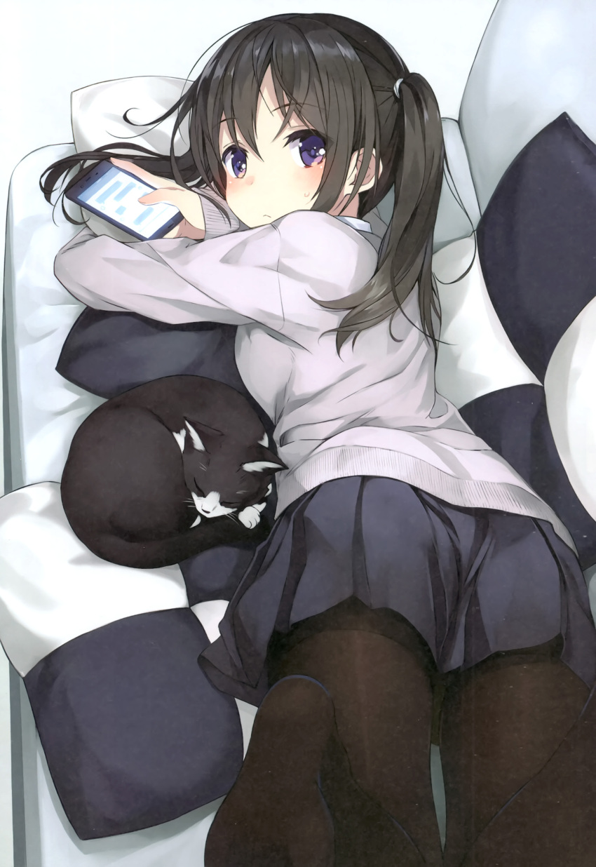 1girl :&lt; absurdres amagai_tarou animal ass black_hair black_headwear black_pantyhose blue_eyes blush brown_hair cardigan cat cellphone closed_mouth couch cushion feet from_above from_behind hair_between_eyes hair_tie hairband hat highres holding holding_phone knees_together_feet_apart legs_folded legs_up long_hair long_sleeves looking_at_viewer looking_back looking_up lying no_shoes non-web_source on_couch on_stomach original pantyhose phone pillow pleated_skirt purple_eyes school_uniform skirt smartphone soles solo sweat sweatdrop thighband_pantyhose twintails twitter_username whiskers