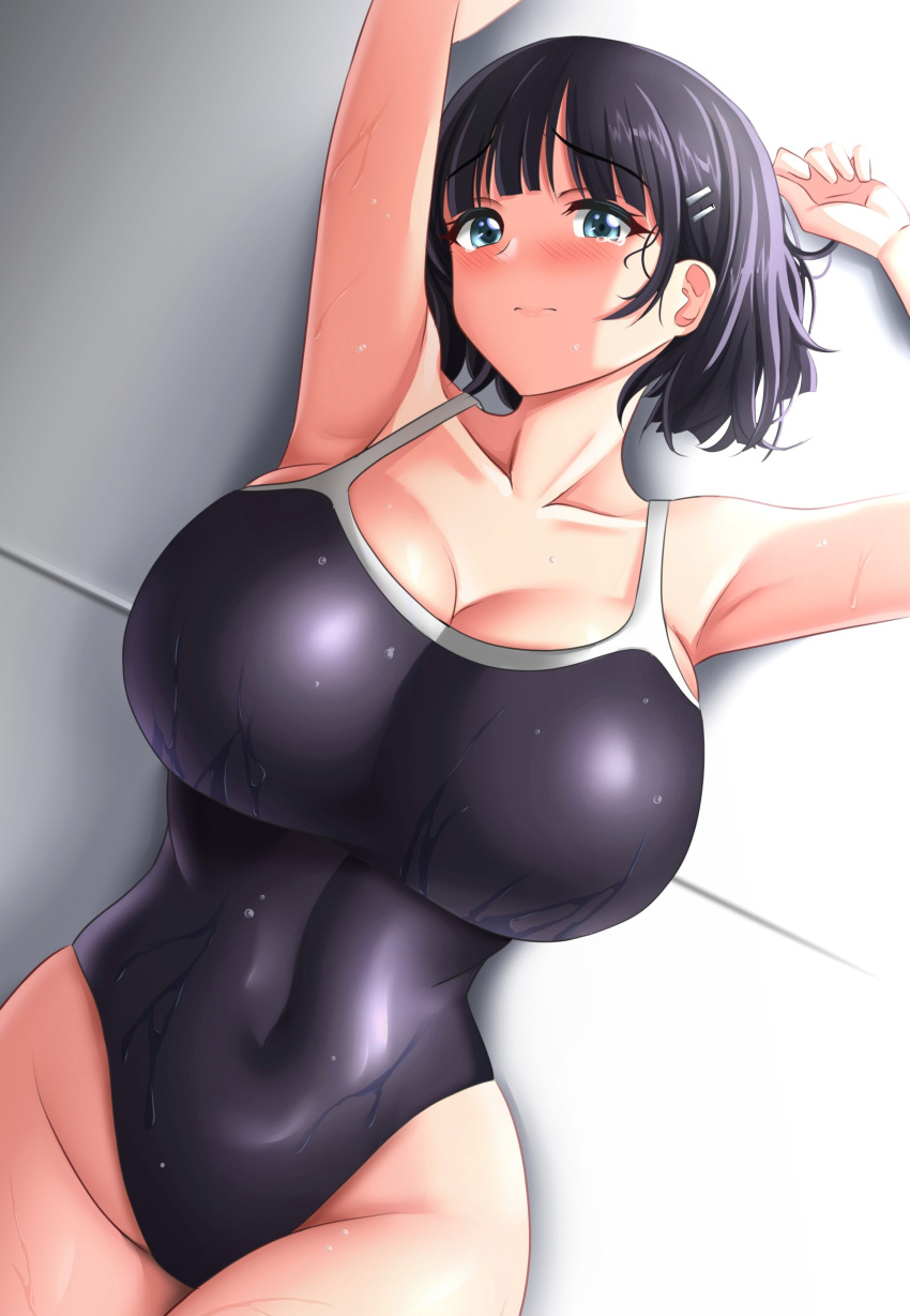 1girl absurdres alternate_breast_size black_hair black_one-piece_swimsuit blue_eyes blush breasts commentary_request competition_school_swimsuit covered_navel highres huge_breasts kirigaya_suguha looking_at_viewer one-piece_swimsuit school_swimsuit short_hair solo steam_erobou swimsuit sword_art_online tears water_drop